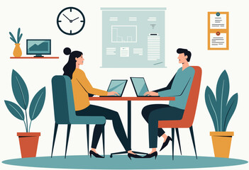 Two people are working on laptops at a table in an office setting. Flat vector illustration