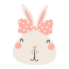 Cute Easter bunny with a bow character illustration. Hand drawn flat style design, isolated vector. Holiday clip art, seasonal card, banner, poster, kids print element