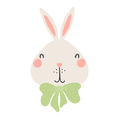 Cute Easter bunny with a bow character illustration. Hand drawn flat style design, isolated vector. Holiday clip art, seasonal card, banner, poster, kids print element