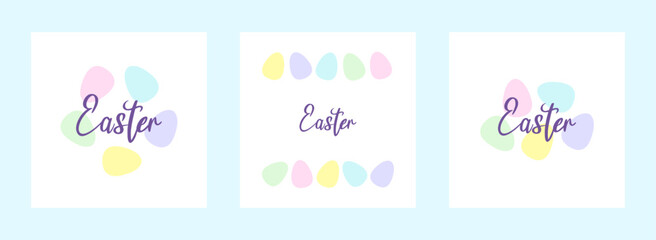 Easter greeting cards, posters with Easter eggs in pastel colors. Perfect for poster, print, card, invitation, wallpaper, covers, greeting, tag. Illustration holiday Easter eggs and greeting text