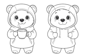 Obraz premium Bear cub in a hoodie holding a mug of hot cocoa. Cute Cartoon Character Design and Computer Game. Coloring Book Outline Set.