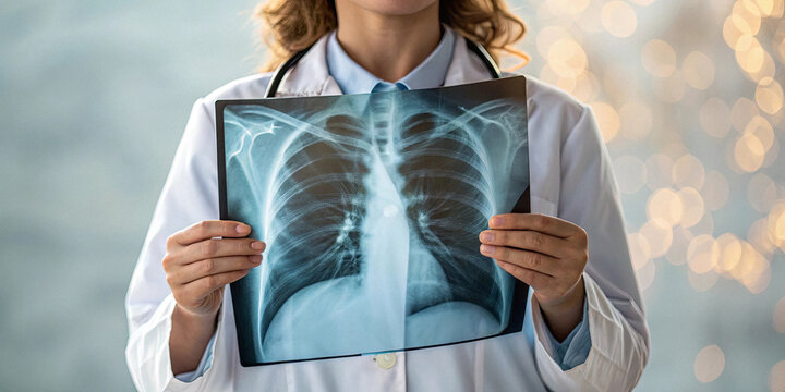 World lung cancer day doctor examines chest x-ray for awareness and diagnosis