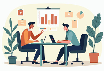 Two men are working together at a table, one using a laptop and the other pointing at a chart on a projector screen. Flat vector illustration