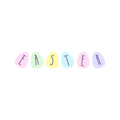 Easter poster, card with eggs and greeting text in pastel colors. Easter eggs with typography inside. Creative Easter card, banner, advertising cover, tag, discount card design. Trendy Minimal style