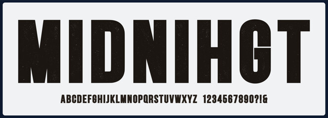 Obraz premium Condensed grunge vector font with soft texture. Alphabet font with uppercase and number