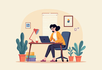 A woman is sitting at a desk, working on a laptop computer with a red lamp and a stack of books nearby. Flat vector illustration