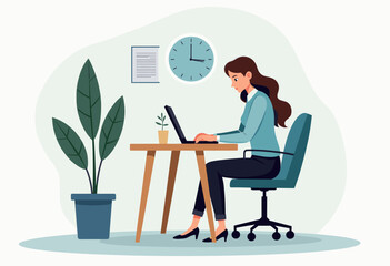 A woman is working on a laptop at a wooden desk in an office setting, with a potted plant and a clock on the wall behind her. Flat vector illustration
