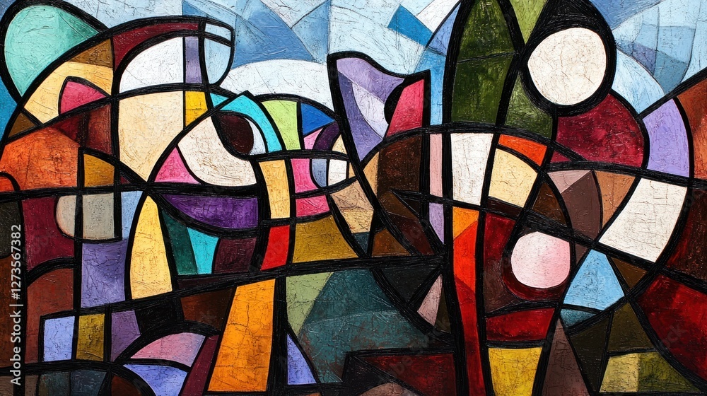 Poster abstract art piece features geometric shapes and bold color blocks