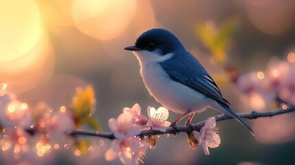 Obraz premium Small blue bird perched on a blossoming branch at sunset.