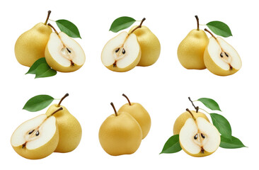 Obraz premium Collection of fresh Asian pears, whole and sliced, with green leaves on transparent background