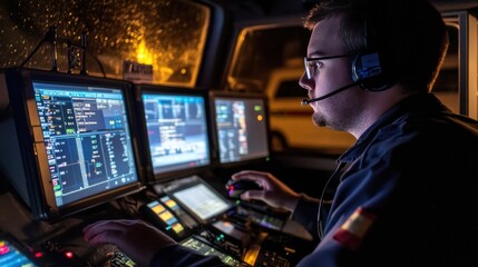 Firefighter managing emergency response using control panel inside firetruck at night