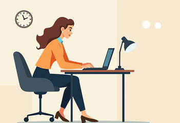 A woman is working on a laptop at her desk, with a clock on the wall behind her. Flat vector illustration