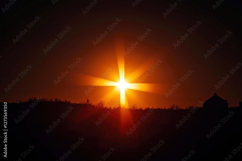 Canvas Prints sunset with radiating glow over building & trees in silhouette
