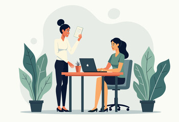 Two women are working in an office setting, with one standing and holding a document, and the other sitting at a desk using a laptop. Flat vector illustration