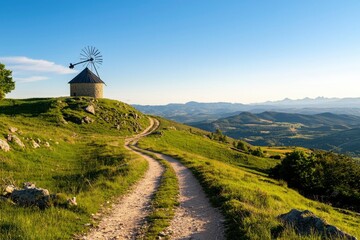 Old windmill atop a grassy hill under blue sky with mountain range background