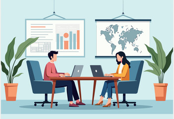 Two people are working on laptops in an office setting, with a world map and a presentation board visible in the background. Flat vector illustration