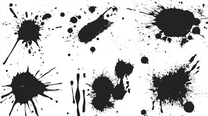 Vector set of ink splashes blots splatter collection grunge design element and art messy backdrop color dirty liquid shape spatter black white silhouette illustration