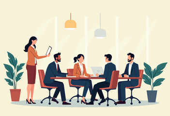 In the image, a group of people are gathered around a table in a meeting room, engaged in a discussion or working on a project. Flat vector illustration