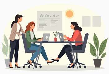 Three women are working together in an office setting, with two of them using laptops and one of them using a desktop computer. Flat vector illustration