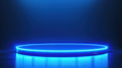 Glowing blue platform on reflective surface with spotlight in background.  Symbolizing product display or technological advancement ready for advertising.
