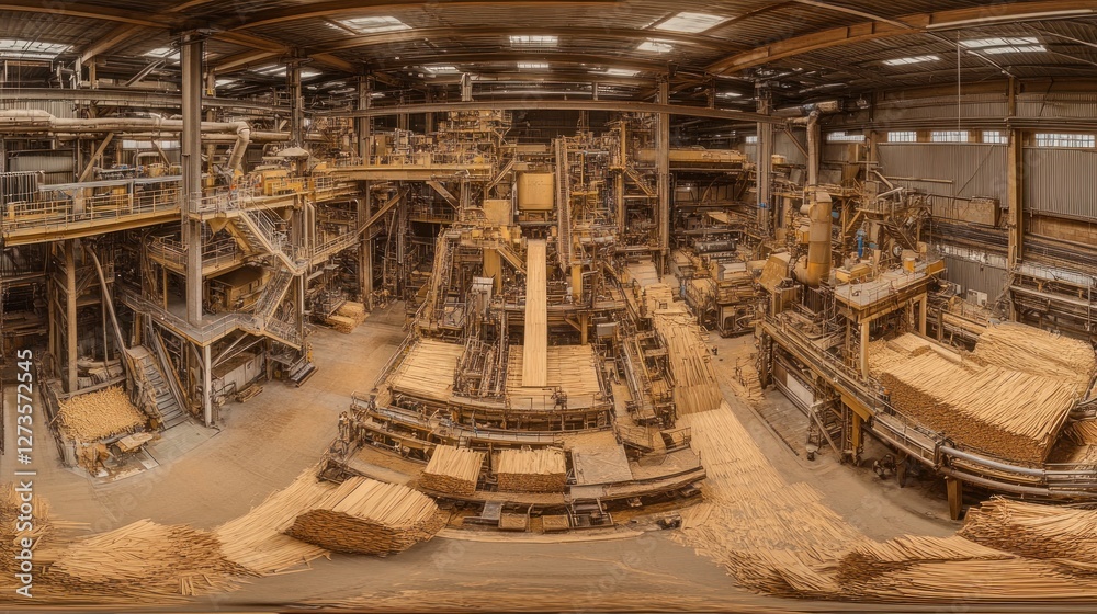 Aufkleber extensive lumber factory displaying logs being processed by machinery