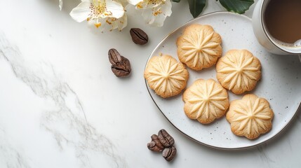 Fototapeta premium Traditional cookies served with a cup of coffee on a white marble background for Eid.
