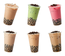 Colorful bubble tea varieties with tapioca pearls in clear plastic cups