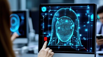 Innovative digital facial recognition technology tech lab interactive display modern workspace close-up view futuristic concept