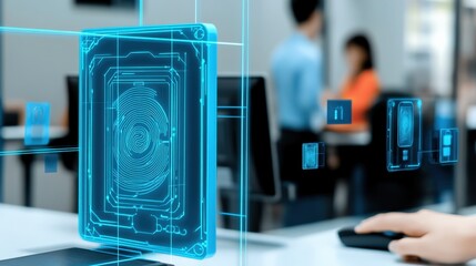 Innovative technology solutions modern office digital data visualization collaborative space close-up view futuristic concepts
