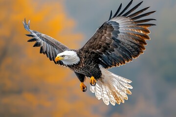 Fototapeta premium Majestic Bald Eagle in Flight Soaring Above Autumn Hues