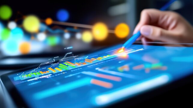 Analyzing business data trends office environment digital screen content professional workspace close-up viewpoint data visualization techniques