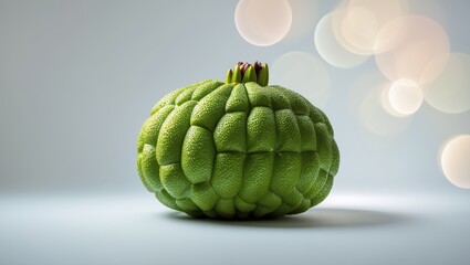 Fototapeta premium Unique green fruit with textured surface displayed against a blurred background, highlighting its unusual shape and color