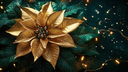 A golden poinsettia flower with metallic hues placed on a bed of emerald-green leaves, surrounded by sparkling fairy lights, creating a luxurious and elegant festive vibe.