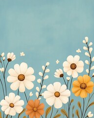 A vibrant floral pattern featuring various colorful daisies against a serene blue backdrop.