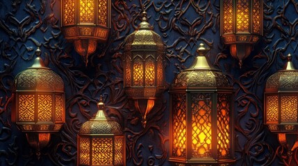 Illuminated Ornate Lanterns Adorn Intricate Wall