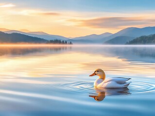 Fototapeta premium Serene lake scene with a swan at sunrise.
