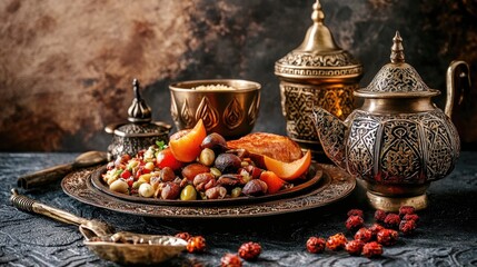 Fototapeta premium Traditional dishes and Moroccan meals set for Ramadan or Eid celebrations.