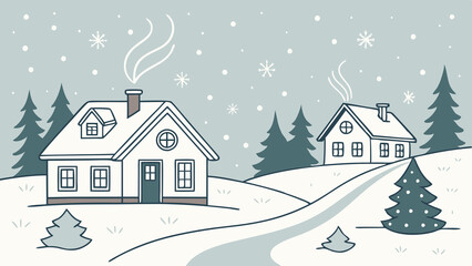 Charming winter landscape featuring snow-covered houses and trees, with gentle snowfall and serene, pastel backgrounds, perfect for seasonal designs

