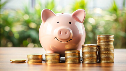 A piggy bank sits on a desk, surrounded by scattered coins and a calculator, symbolizing financial planning and savings.