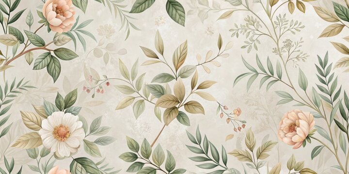 Elegant Botanical Print Featuring Delicate Blooms and Lush Greenery on a Soft Neutral Background