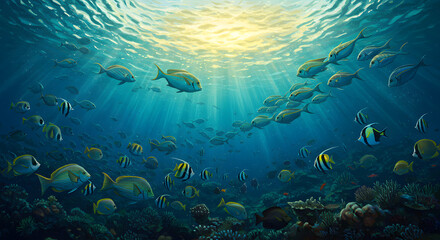Fototapeta premium Large School of Fish Swimming in the Ocean – Underwater Wildlife