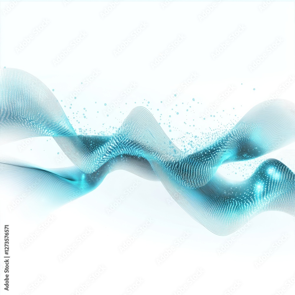 Leinwandbilder abstract cyan waves on white backdrop with particles and line texture background