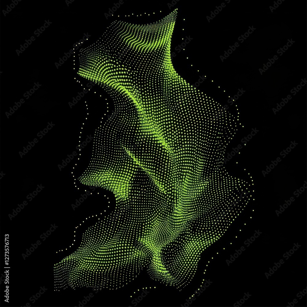 Leinwandbilder abstract digital formation: a flowing green point cloud on black, creating a sense of dynamic moveme