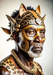 Obraz premium A powerful portrait of an elderly African warrior, showcasing deep wisdom and resilience. His face is adorned with tribal markings, and he wears traditional warrior