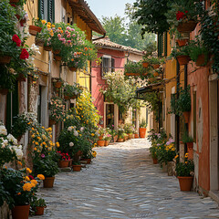 Naklejka premium A quiet street in a historic part of the city, with narrow alleys, charming architecture, and flower pots hanging from windows