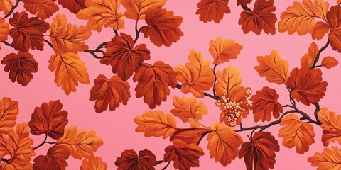 Vibrant pink sky envelops uniquely textured, symmetrical orange leaves in rich hues, crafting an enchanting, balanced tableau of nature's artistry