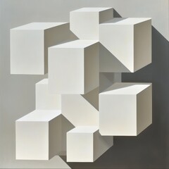 Geometric Harmony: An Abstract Composition of White Cubes with Subtle Shadows on a Grey Background