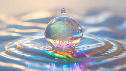 flow in the rhythm of life is depicted by a flower of life in glistening, clean water with rainbow-colored light waves.