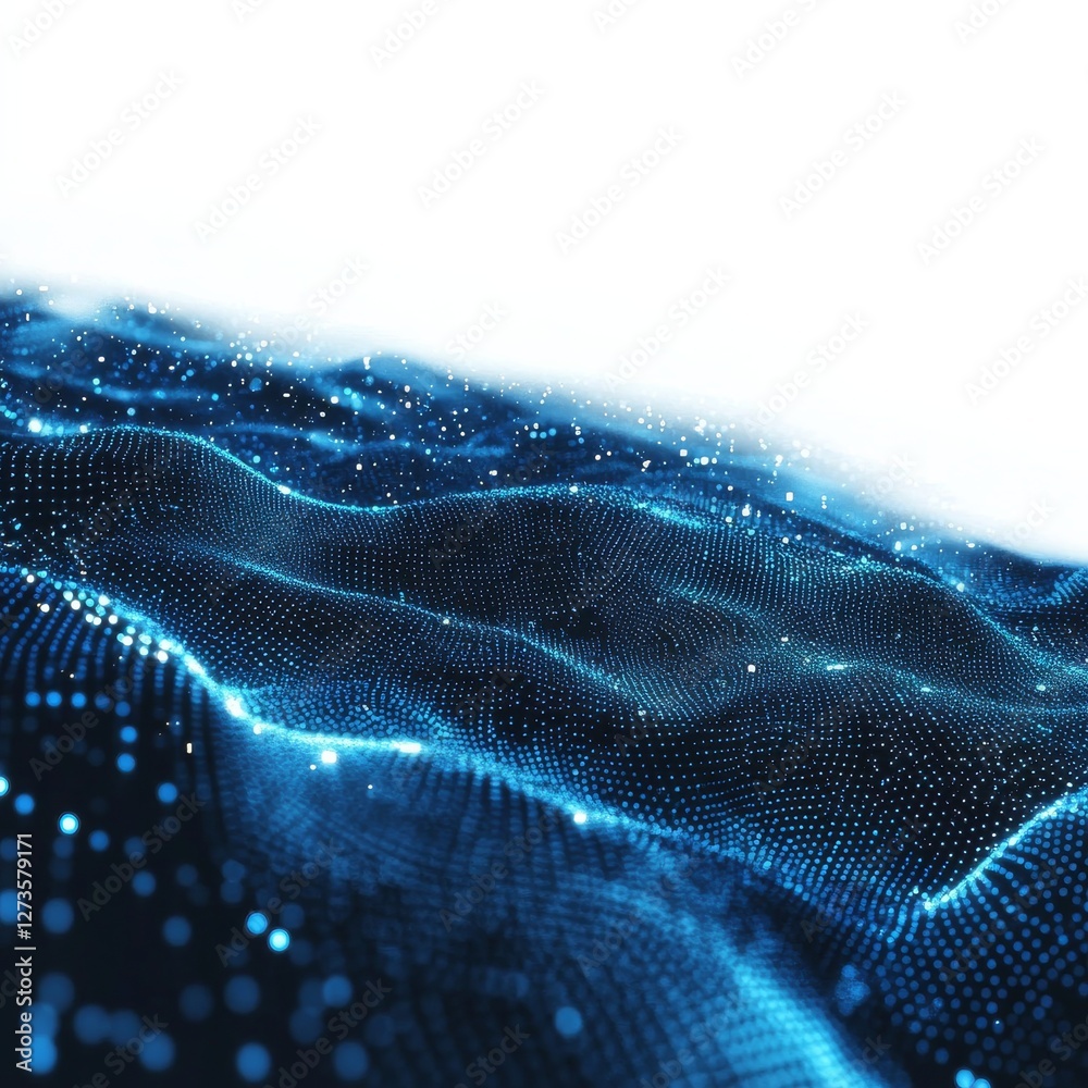 Poster Illuminated Network: Abstract Glowing Blue Particle Field with Wavy Digital Surface for Data Visualization and Technology Background