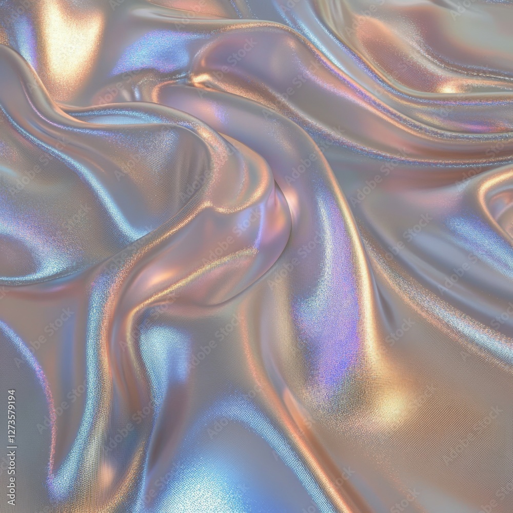 Poster iridescent fabric waves: a shimmering blend of pastel hues in soft, undulating folds, creating a mes